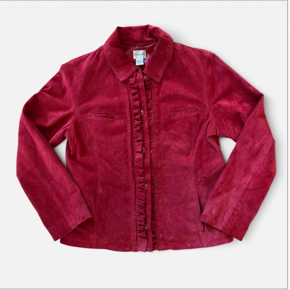 Chicos Red Suede Leather Jacket Ruffle Trim Button Front Size 2 L Large Womens